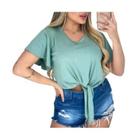 Blusa feminina viscolycra manga curta gola rasa amarração fashion