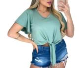 Blusa feminina Viscolycra manga curta gola rasa amarração moda feminina