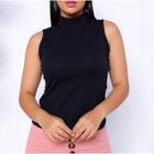 Blusa gola alta manga cavada canelada feminina elegante