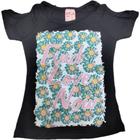 Blusa infantil m/c dona teen preta com estampa de flores com ombro vazado