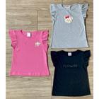 Blusa infantil menina manga curta borboleta com aplique verão kit 3 peças