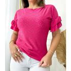 Blusa laise gola rasa manga 3/4 babado casual tendência feminina