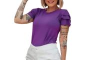 Blusa manga curta três babados gola rasa tecido viscolycra moda feminina