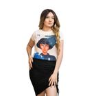 Blusa Manga Morcego Curta Crepe Estampa Bob Hair Girl