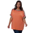 Blusa Oversized Feminina Lisa Manga Curta Detalhe Artesanal Malha e Tricot Rendada Tendencia Elegante Verão VL0542