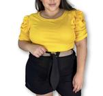 Blusa plus size canelada de gola rasa manga bufante drapeada moda feminina