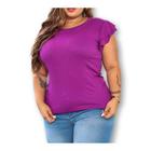 Blusa plus size canelada macia gola rasa manga 2 babados feminina moda