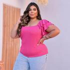 Blusa plus size canelada manga 2 babados feminina tamanho grande moda barata