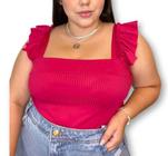 blusa plus size feminina canelada alça babado moda estilo