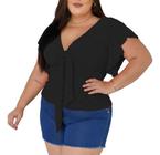 Blusa Plus Size Feminina Gola V Amarração Manga Lese Malha