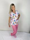 Blusa Scrub de Pijama Cirúrgico Estampado Feminino Com Amarração para Acinturar em Gabardine - Confort Estampa Princesas