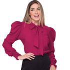 Blusa Social Feminina Manga Longa Bufante com Gola de Laço