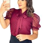 Blusa Social Feminina Manga Princesa Tule Poa Com Gola Laço