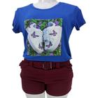 Blusa T-shirt Feminina Azul Manga Curta Estampada