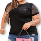 Blusa T-shirt feminina pluss size manga e bolso paetê