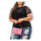 Blusa T-shirt pluss size manga e bolso paetê elegante