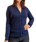 Blusa Tricô Cardigan Feminino Suéter Casaquinho com Botões Gola V Azul Marinho Liso