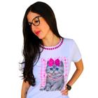 Blusa Tshirt Feminina Gatinha Rosa Com Pedrarias Na Gola