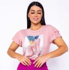 Blusa tshirt feminina poá manga dois babados aplicação estampas diversas casual