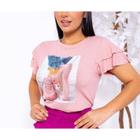 Blusa tshirt poá manga dois babados aplicação estampas diversas moda feminina