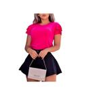 Blusa viscolycra básica gola rasa manga curta três babados feminina confortável