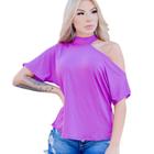 Blusa viscolycra gola alta recorte no ombro manga curta feminino casual