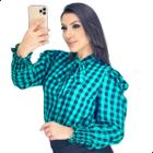 Blusa Xadrez Feminina Manga Longa Bufante Princesa Gola Laço