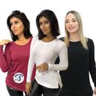 Blusas Feminina Manga Longa T shirt Cumprida Kit 3 Peças Básica Lisa Colorida Segunda Pele Gola Redonda