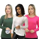 Blusas Feminina Manga Longa T shirt Cumprida Kit 3 Peças Básica Lisa Colorida Segunda Pele Gola Redonda