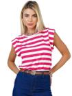 Blusinha Listrada Basiquinha Blusa Feminina Muscle Tee Ombreira - Cor: Listrada Rosa Pink Tamanho Único