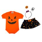 Body Bebê Fantasia Halloween Abóbora Menina + Saia e Tiara