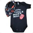 Body bebê Preto Rock, Leite e fralda + babador bandana bandas de rock 100% algodão
