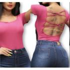 Body blusa canelada feminina manga curta tira transpassada nas costas