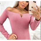 Body blusa decote v manga longa canelado feminino tendência