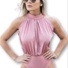 Body blusa drapeado regata gola alta poliéster feminina fashion