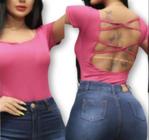 Body blusa feminino manga curta transpassada nas costas moda blogueira