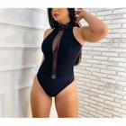 Body blusa feminino renda cavado gola alta decote profundo com tule