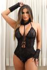 Body em Renda Submissa Iza Com Coleira e Luvas Lingerie Sensual