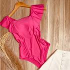 Body feminino babado no ombro decote reto