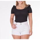 Body feminino canelado manga bufante com bojo moda gringa