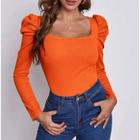 Body feminino canelado manga longa bufante casual moda gringa