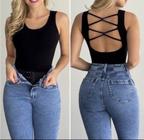 Body feminino canelado regata tira transpassada nas costas moda estilo