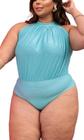 Body feminino gola alta cavado drapeado plus size elegante