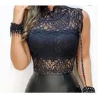 Body feminino gola alta cavado tecido de renda