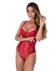 Body Feminino Lingerie Sensual com Bojo de Renda e Tule Sexy Costas Nuas Abertura em Baixo Transparência look Bore