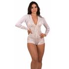 Body Feminino Manga Longa todo em Renda Sexy e Sensual Sem Bojo Branco