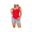 Body feminino poliéster decote v alça babado tendência