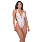 Body Feminino todo em Renda com Decote Sexy e Sensual Sem Bojo Branco