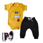 Body Maggie Simpson Bebê Fantasia Mesversario Amarelo + Calça Saruel + Tenis Preto