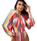 Body Manga Longa Blusa Feminina Decotada Poliamida Luxo